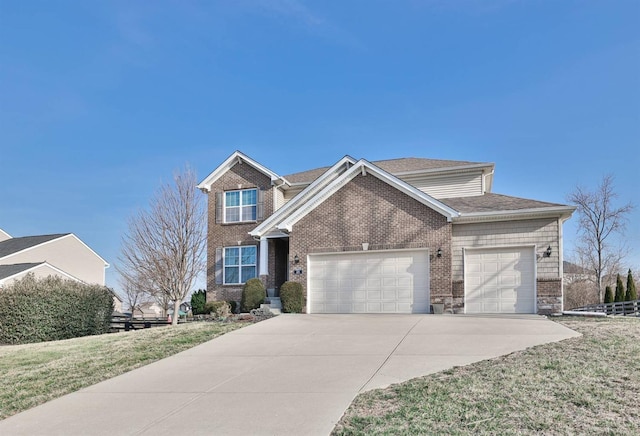 view of front of home featuring brick siding, a front lawn, concrete driveway, and a garage