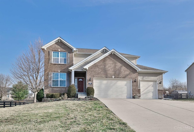 view of front of property with fence, concrete driveway, a front yard, an attached garage, and brick siding