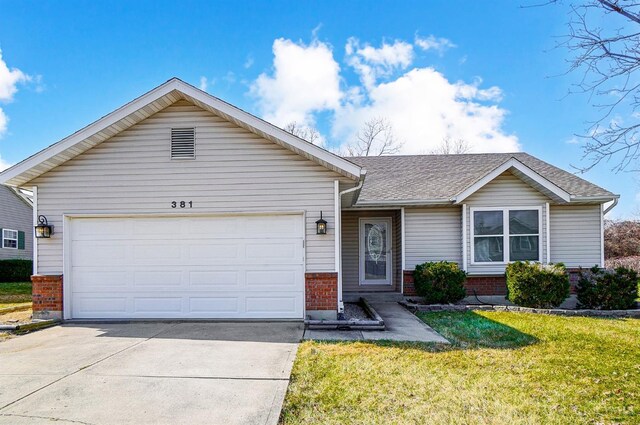 ranch-style house featuring brick siding, a shingled roof, a front lawn, concrete driveway, and an attached garage