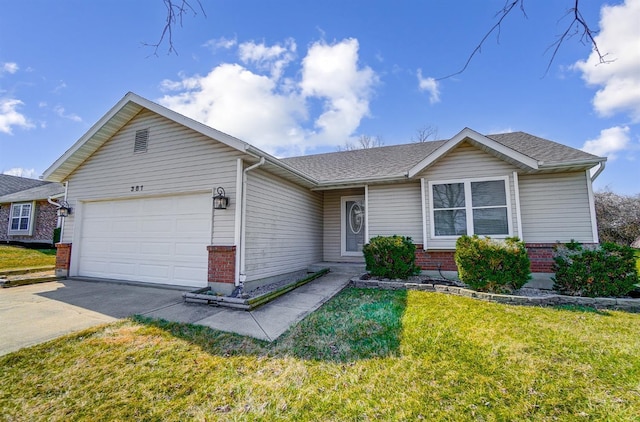single story home featuring concrete driveway, a garage, brick siding, and a front lawn