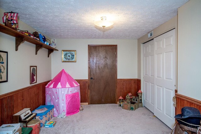 343 Whiteoak Dr, Wilmington, OH 45177 - playroom with a wainscoted wall, wood walls, a textured ceiling, and carpet floors