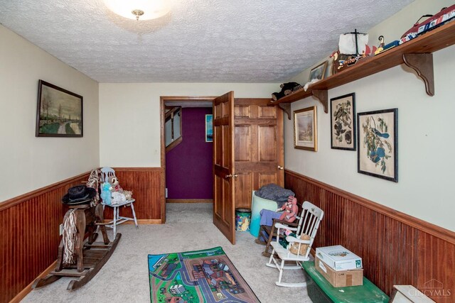 343 Whiteoak Dr, Wilmington, OH 45177 - sitting room featuring wainscoting, wood walls, a textured ceiling, and carpet floors