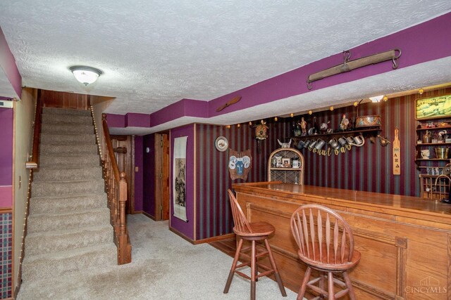 343 Whiteoak Dr, Wilmington, OH 45177 - indoor dry bar with a textured ceiling, stairs, carpet, and baseboards