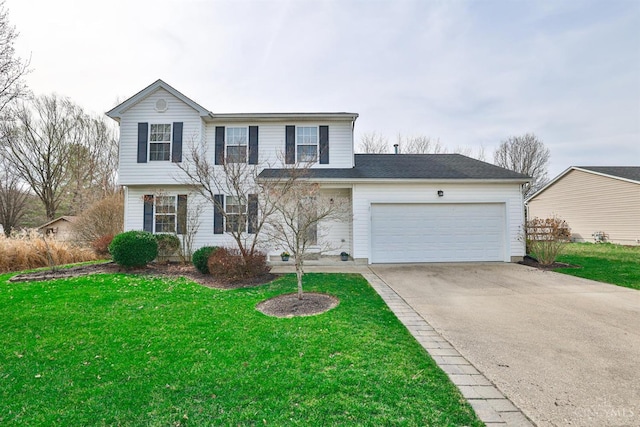 view of front of property featuring an attached garage, concrete driveway, and a front yard