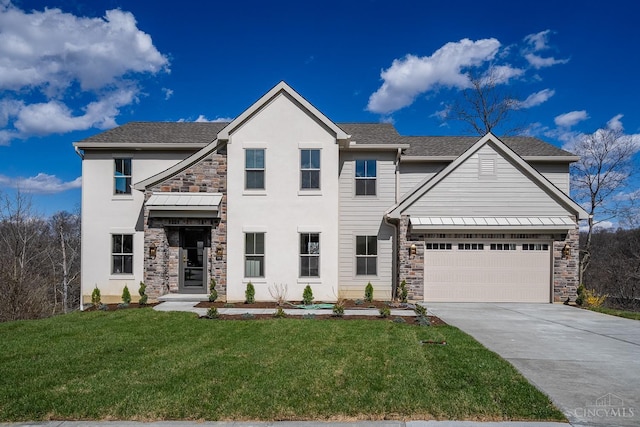 traditional home featuring stone siding, concrete driveway, a garage, and a front lawn