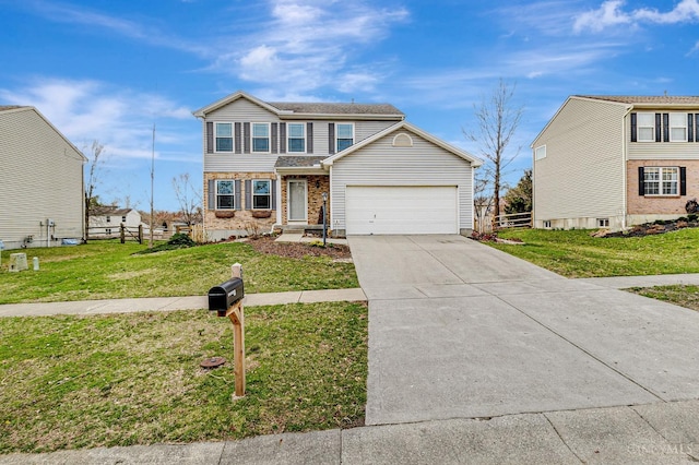 traditional home featuring a front yard, concrete driveway, fence, brick siding, and a garage