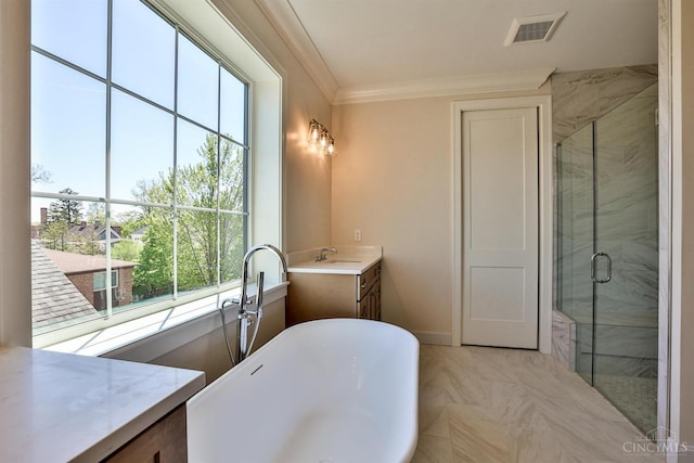bathroom with healthy amount of natural light, a shower stall, crown molding, a soaking tub, and vanity