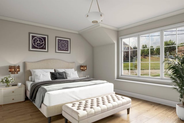 bedroom with crown molding, baseboards, and light wood-style floors