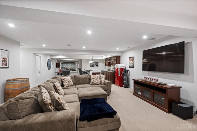 1113 Clover Field Dr, Miami Twp, OH 45140 - living area featuring light carpet, recessed lighting, and indoor wet bar