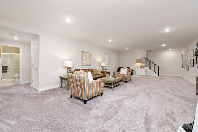 2612 Virgie Ct, Deerfield Twp, OH 45140 - living area with baseboards, carpet flooring, stairs, and recessed lighting