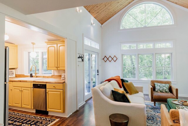 interior space featuring wood ceiling, dark wood-type flooring, and high vaulted ceiling