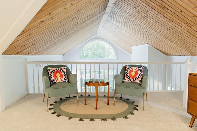 living area featuring wood ceiling, carpet flooring, and vaulted ceiling