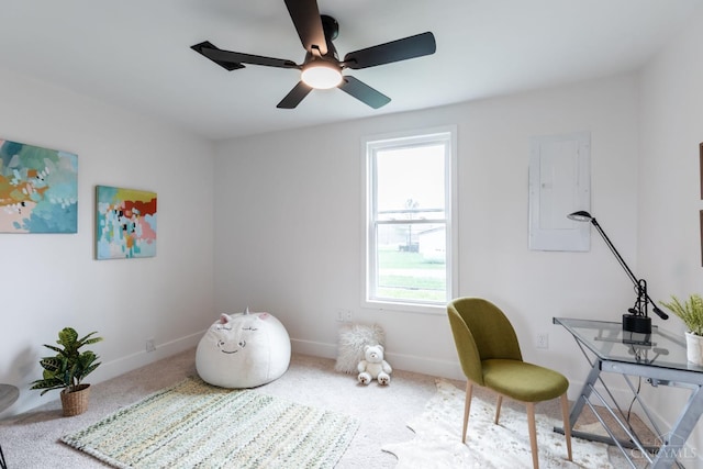 11475 Colthar Rd, Clark Twp, OH 45106 - sitting room featuring baseboards, carpet flooring, ceiling fan, and electric panel