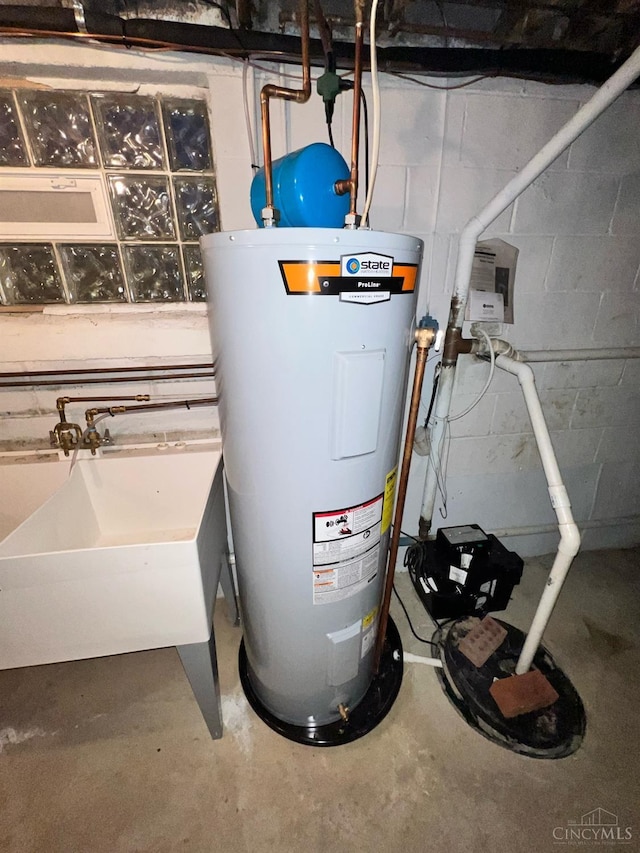 utility room with a sink and electric water heater