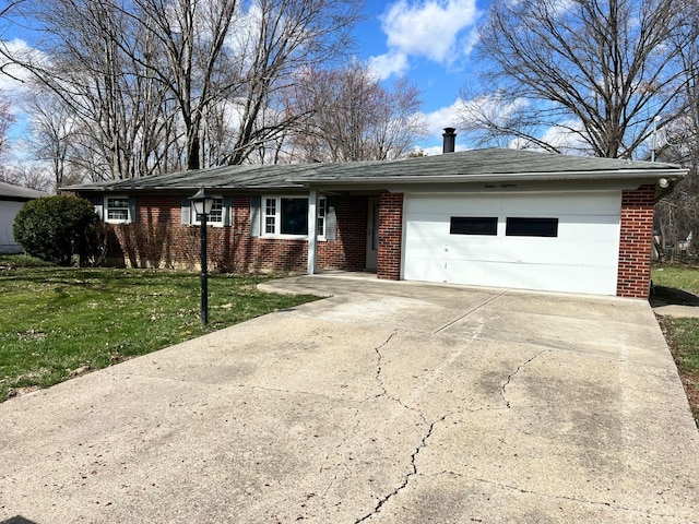 ranch-style house featuring a garage, a front yard, brick siding, a shingled roof, and driveway