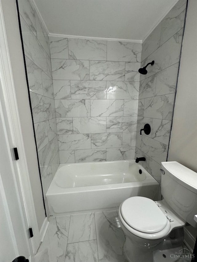 full bathroom featuring baseboards, shower / bathtub combination, marble finish floor, and toilet