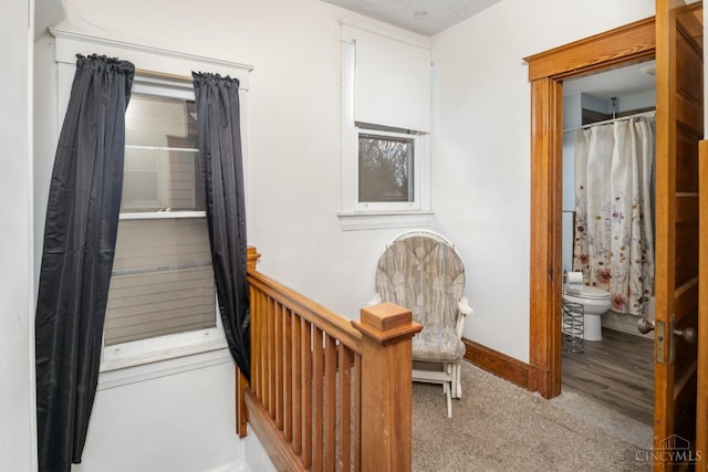interior space with carpet flooring and baseboards