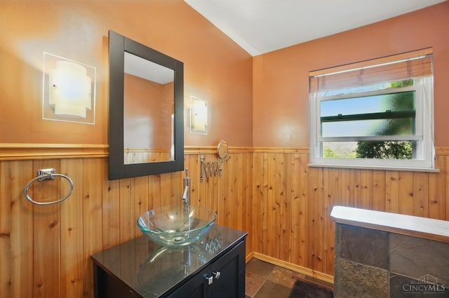 413 N Marshall Rd, Middletown, OH 45042 - bathroom with a wainscoted wall, wooden walls, and vanity