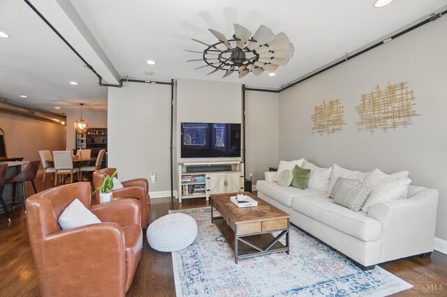 1308 Broadway St Unit 2, Cincinnati, OH 45202 - living room featuring recessed lighting, wood finished floors, baseboards, and a chandelier
