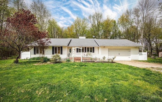 4092 Snowhill Rd, Perry Twp, OH 45118 - ranch-style house featuring a garage, a porch, a front yard, and concrete driveway