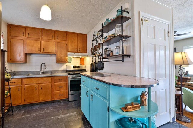 115 Maple Ave, Lebanon, OH 45036 - kitchen featuring a sink, a textured ceiling, stainless steel gas range, open shelves, and under cabinet range hood