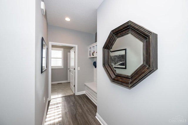 5038 Maiden Way, Liberty Twp, OH 45011 - hallway featuring baseboards, dark wood-style flooring, and recessed lighting