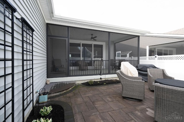 5038 Maiden Way, Liberty Twp, OH 45011 - view of patio / terrace with fence, ceiling fan, and a sunroom