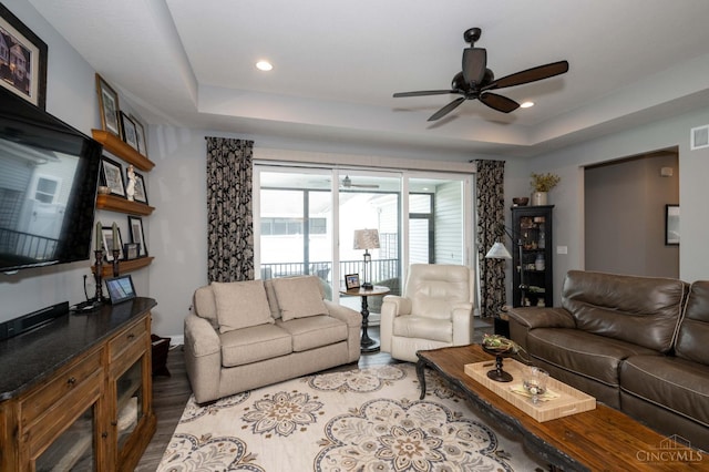 5038 Maiden Way, Liberty Twp, OH 45011 - living room with ceiling fan, a raised ceiling, light wood-type flooring, and recessed lighting