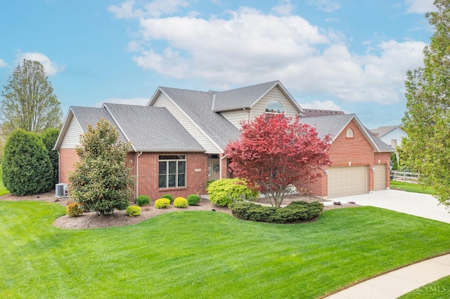 view of front of home featuring a front lawn, roof with shingles, brick siding, concrete driveway, and an attached garage