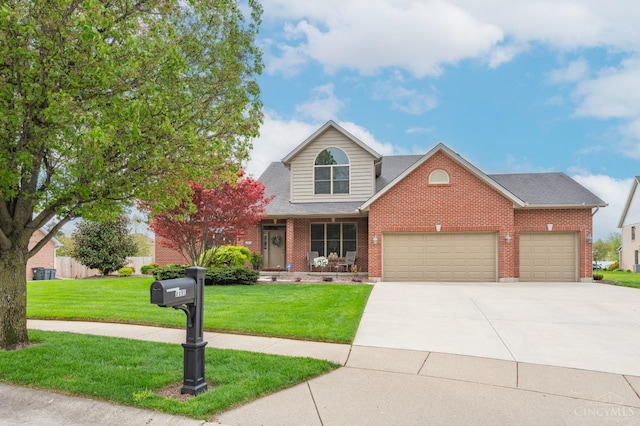traditional-style home with a front yard, roof with shingles, brick siding, concrete driveway, and an attached garage