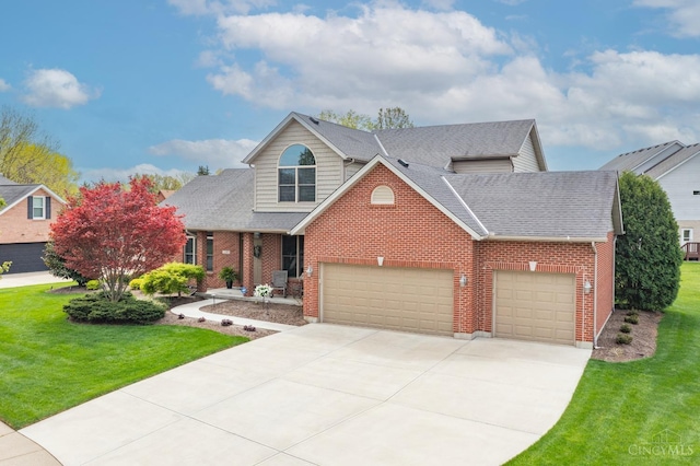 traditional-style house with an attached garage, driveway, a shingled roof, and a front yard