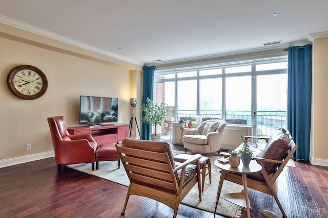 living room with ornamental molding, baseboards, and dark wood-style floors