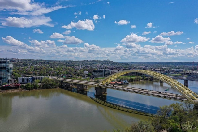 aerial view of a notable bridge and a nearby body of water