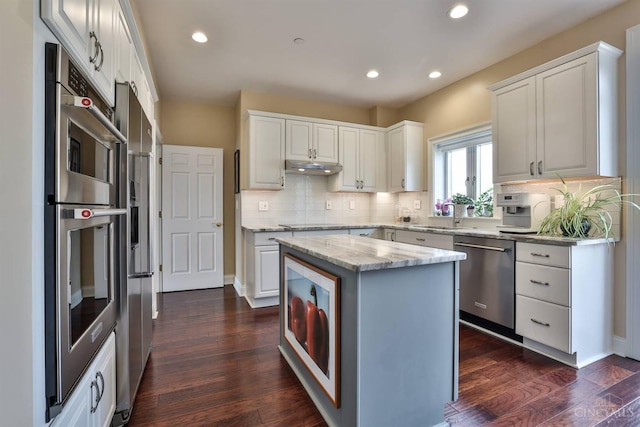 kitchen featuring appliances with stainless steel finishes, decorative backsplash, white cabinetry, under cabinet range hood, and recessed lighting