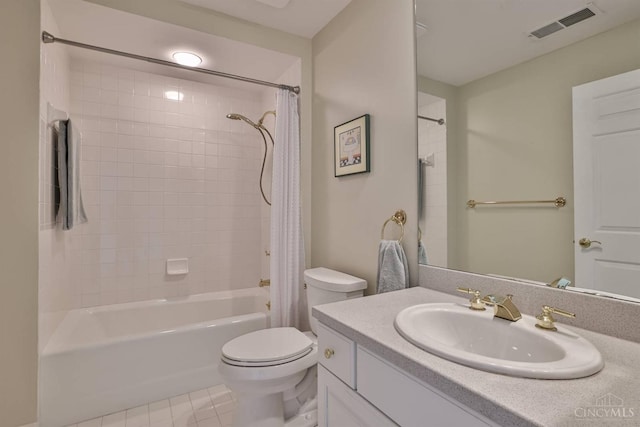 full bathroom with toilet, shower / tub combo, vanity, and tile patterned floors