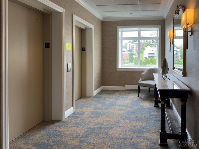 hall with elevator, crown molding, carpet, and baseboards