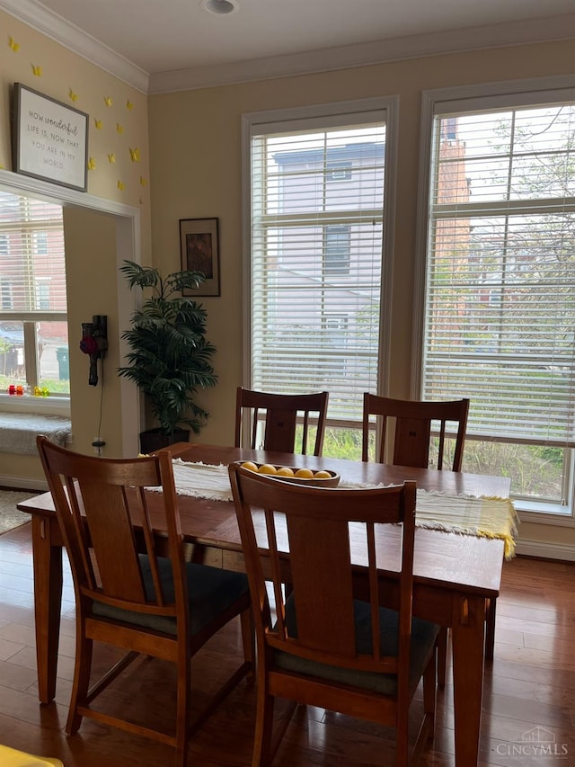 dining space featuring crown molding, wood finished floors, and a healthy amount of sunlight