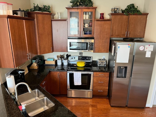kitchen with glass insert cabinets, wood finished floors, a sink, stainless steel appliances, and brown cabinetry