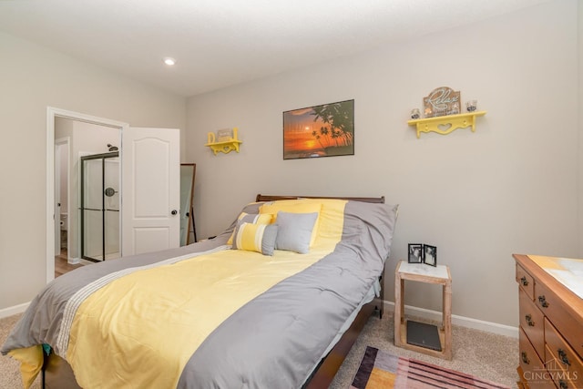 carpeted bedroom featuring baseboards and recessed lighting