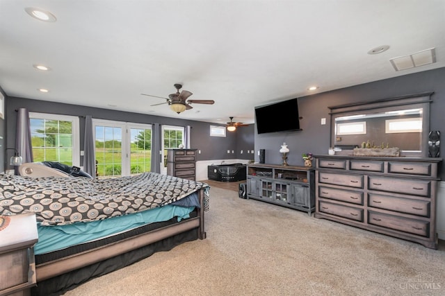 bedroom with ceiling fan, carpet flooring, visible vents, and recessed lighting