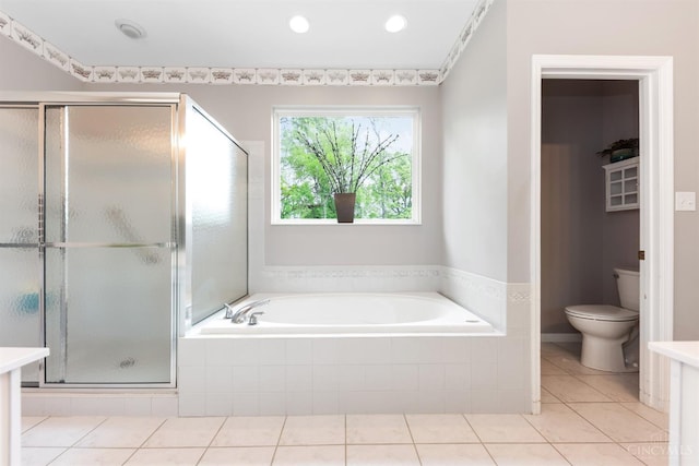 bathroom with a bath, a shower stall, tile patterned floors, toilet, and recessed lighting