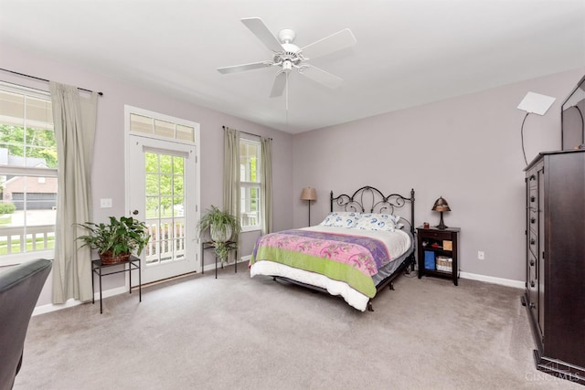 bedroom with access to exterior, carpet floors, baseboards, and a ceiling fan