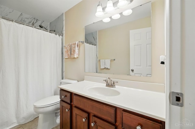 bathroom featuring toilet, vanity, tile patterned floors, and curtained shower