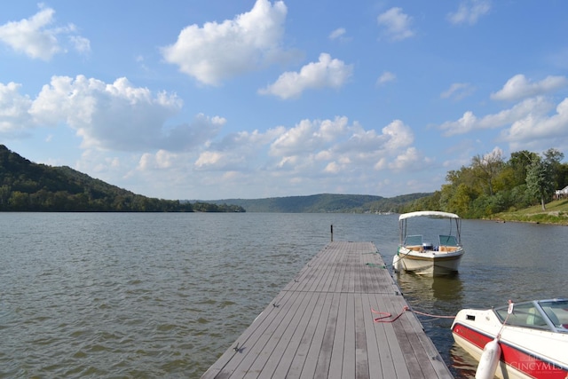 dock area featuring a water view and a forest view
