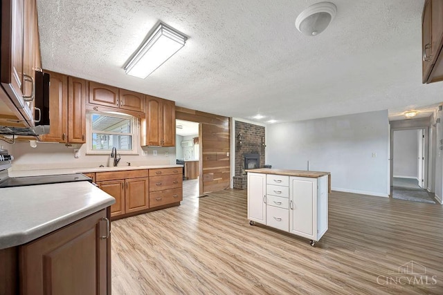 2774 N Law Rd, Reily Twp, OH 45056 - kitchen featuring a textured ceiling, light wood-style flooring, light countertops, a fireplace, and a sink