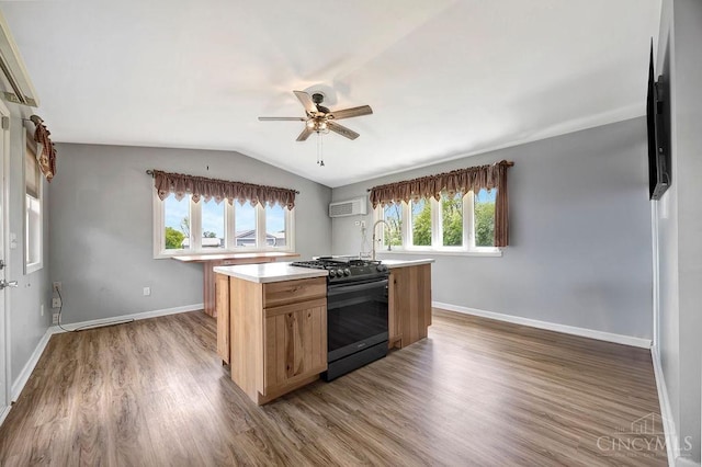 2774 N Law Rd, Reily Twp, OH 45056 - kitchen featuring black gas range, a ceiling fan, light countertops, wood finished floors, and vaulted ceiling