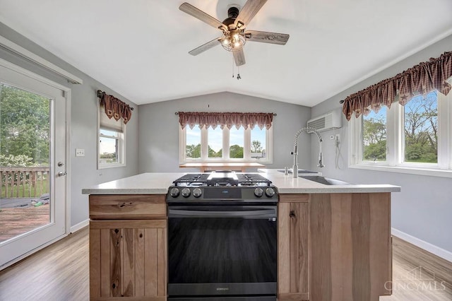 2774 N Law Rd, Reily Twp, OH 45056 - kitchen with stainless steel gas stove, a ceiling fan, healthy amount of natural light, lofted ceiling, and light countertops