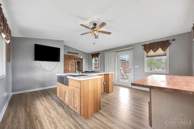 2774 N Law Rd, Reily Twp, OH 45056 - kitchen with a sink, an island with sink, light wood-type flooring, a ceiling fan, and baseboards