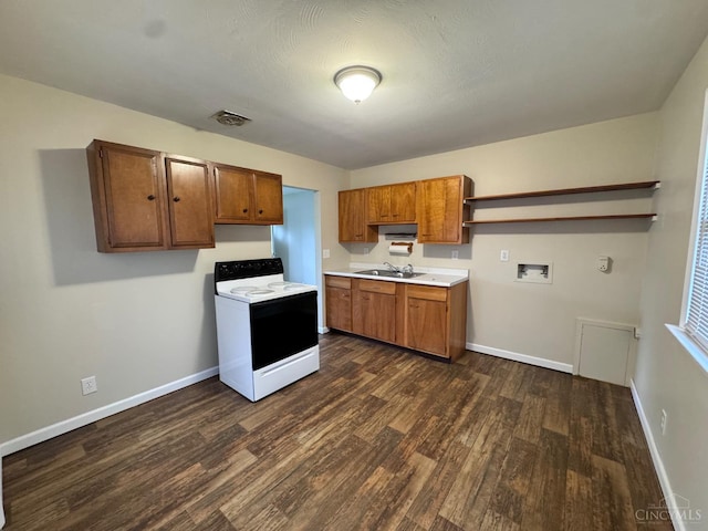 kitchen with white electric stove, open shelves, dark wood finished floors, a sink, and brown cabinetry