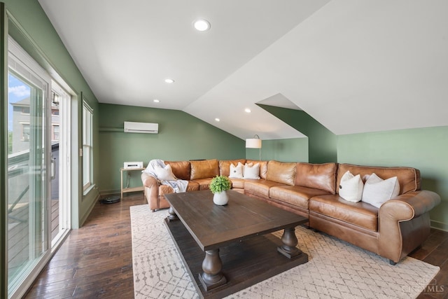 living room featuring lofted ceiling, wood finished floors, recessed lighting, baseboards, and a wall mounted air conditioner